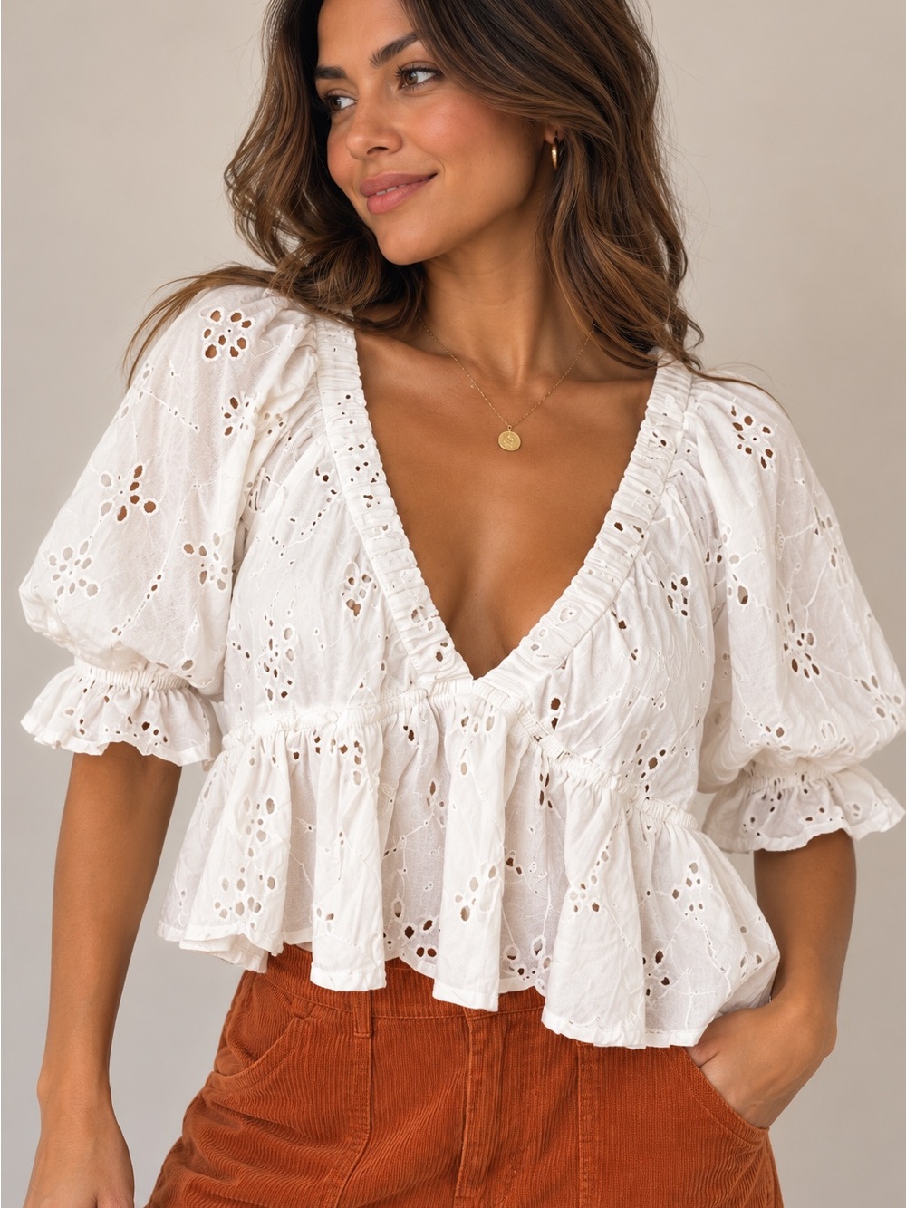 Free People White Eyelet Peasant Blouse